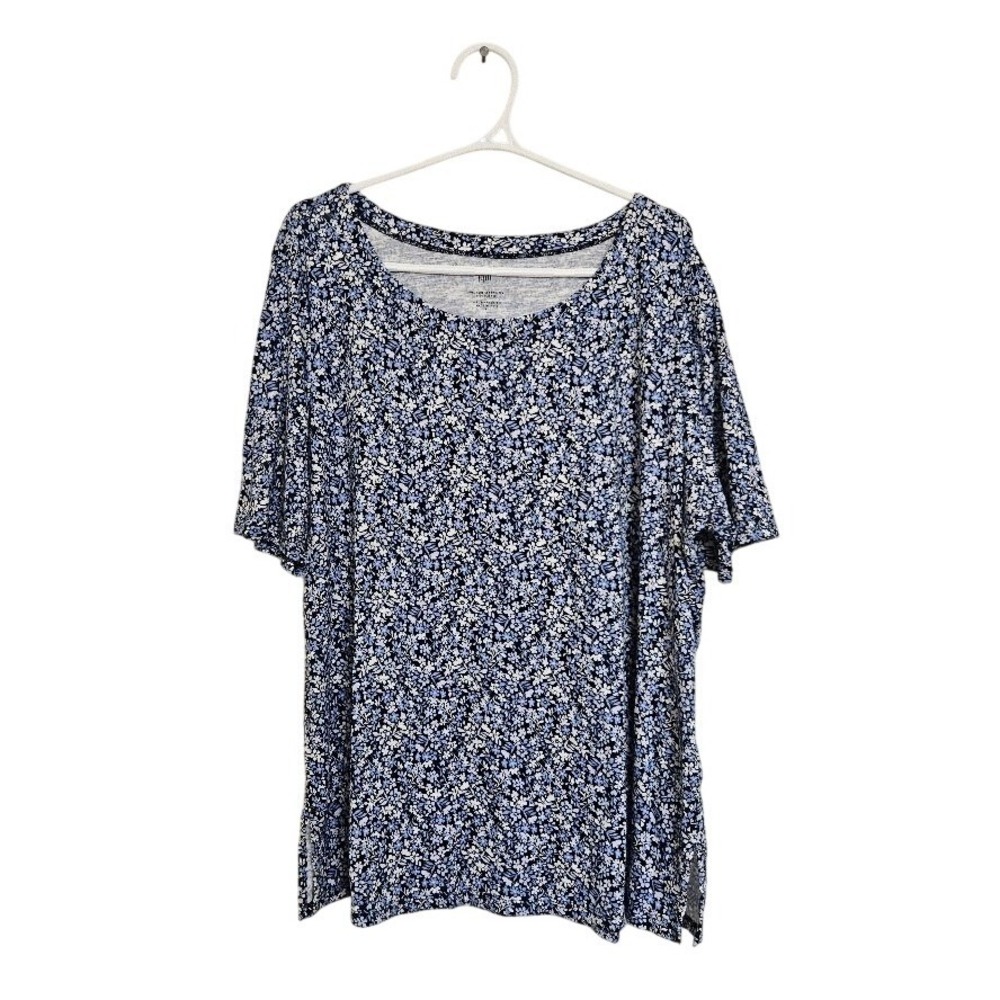 J. Jill Pima Slub Scoop Neck Side Slit Tee Blue Floral Cotton Top Women XL